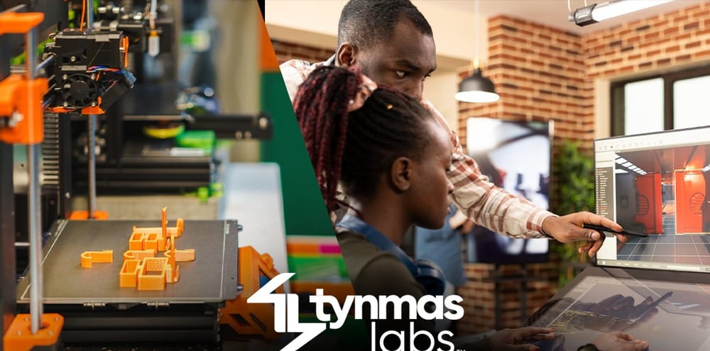 A 3D printer mid-print beside a CAD workstation — Tynmas Labs training